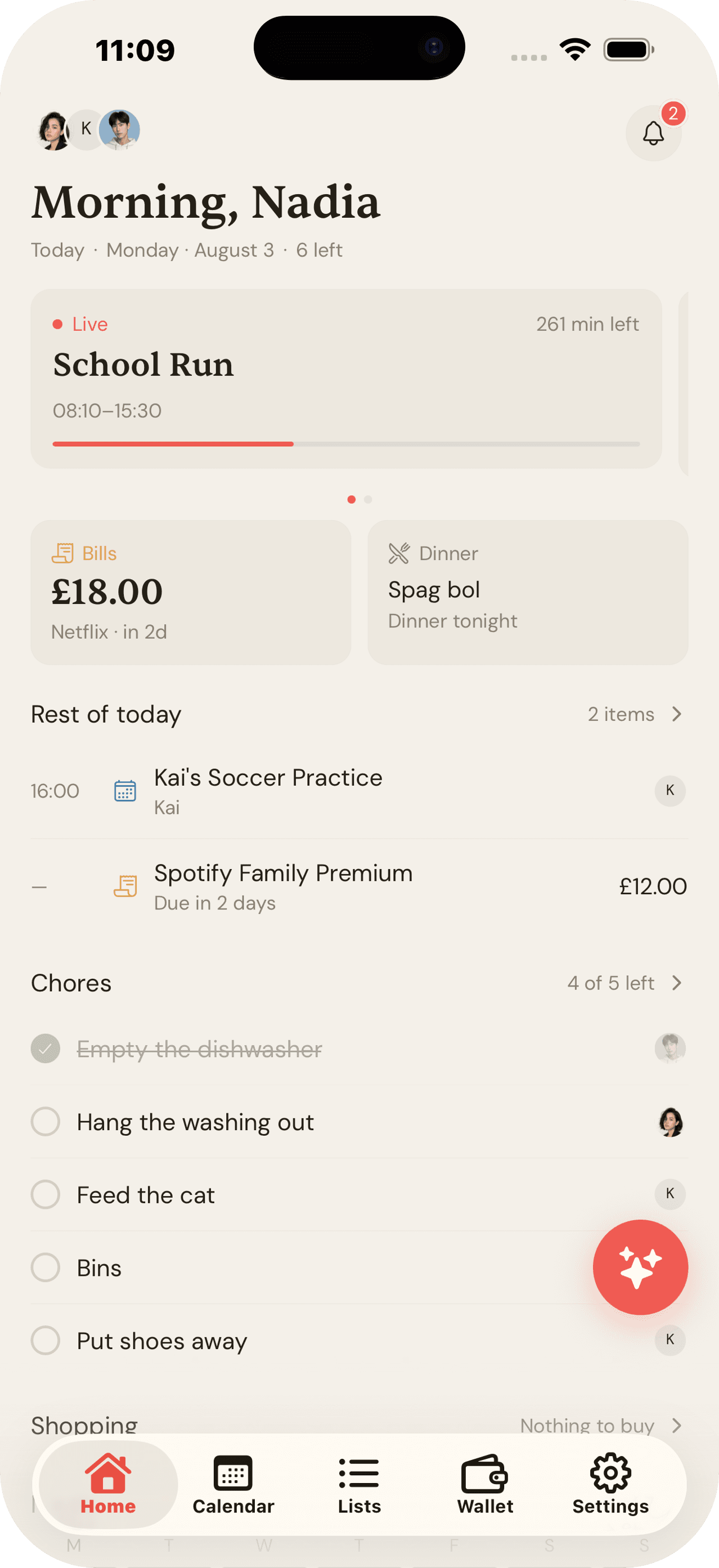 The Famio home screen: a live School Run event, bills due, tonight’s dinner, and today’s chores