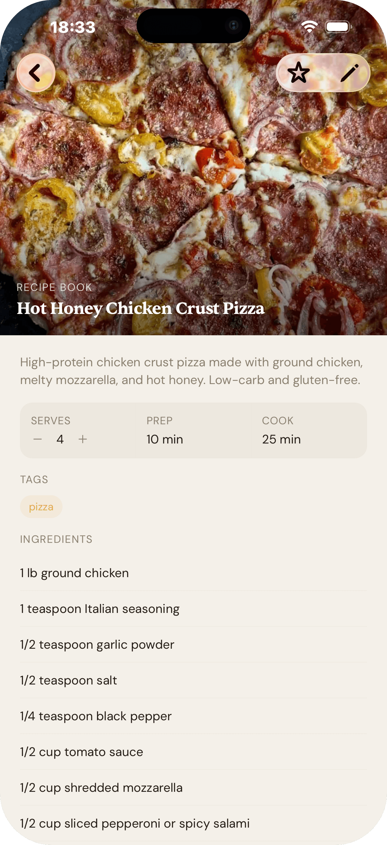 A Famio recipe showing its photo, a servings stepper for scaling, prep and cook time, and the ingredient list