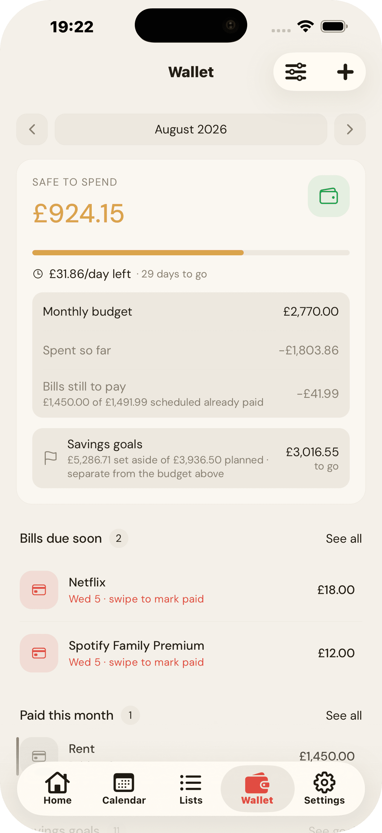 The Famio wallet showing safe-to-spend for the month, the budget breakdown, savings goals and bills due soon
