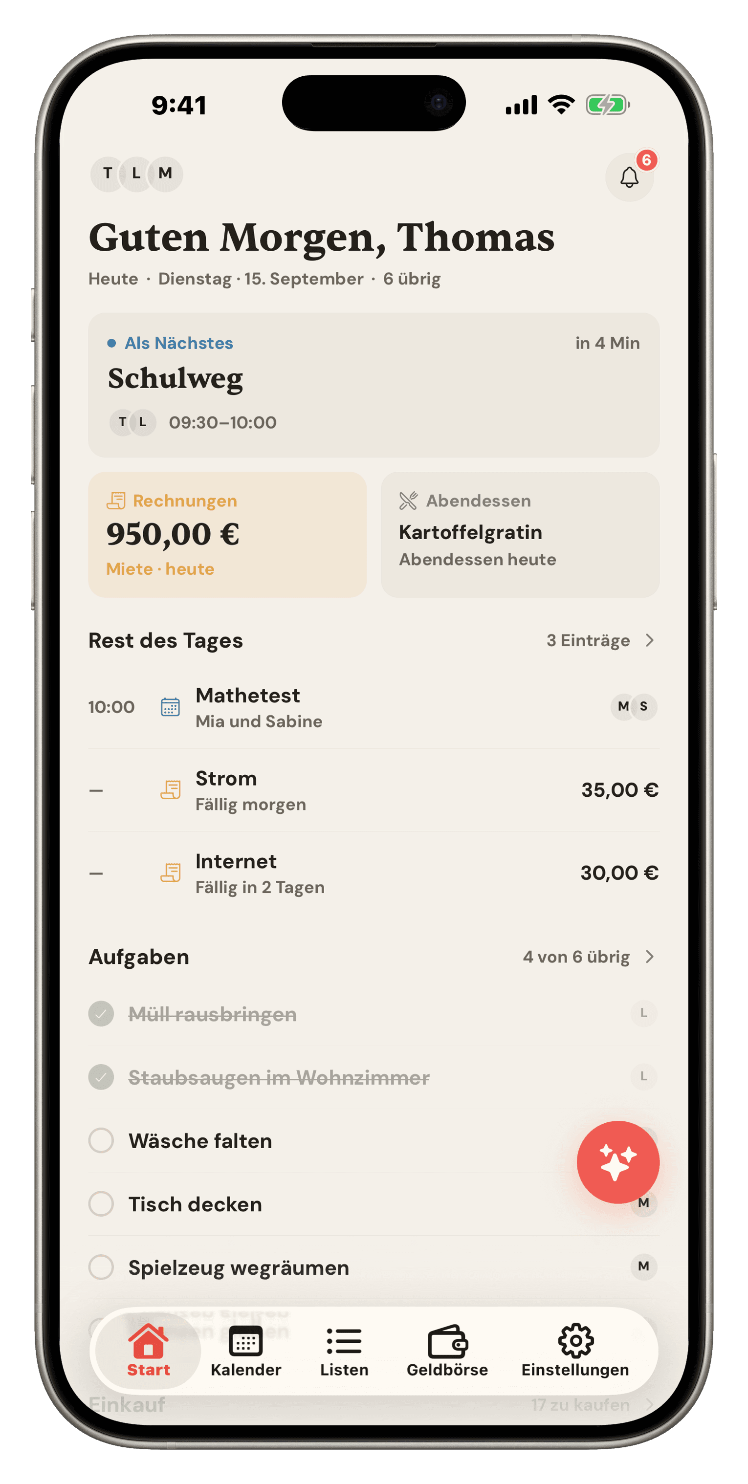 Der Famio‑Startbildschirm: ein Live‑Schulweg‑Ereignis, fällige Rechnungen, das Abendessen von heute und die heutigen Aufgaben