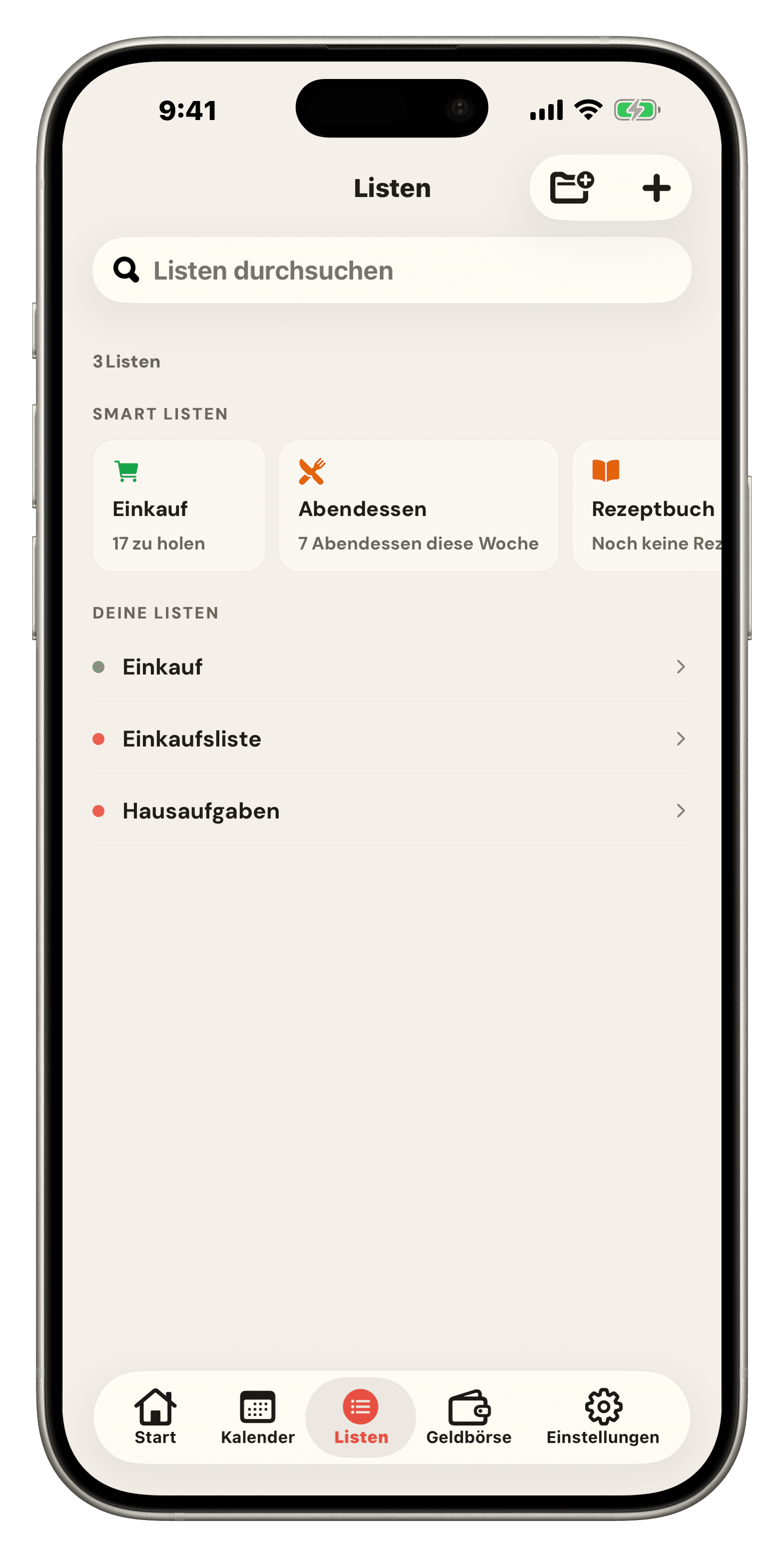 Famio‑Listen: smarte Listen für Einkaufen, Abendessen, Rezeptesammlung und Vorratskammer über den eigenen Listen und Ordnern des Haushalts