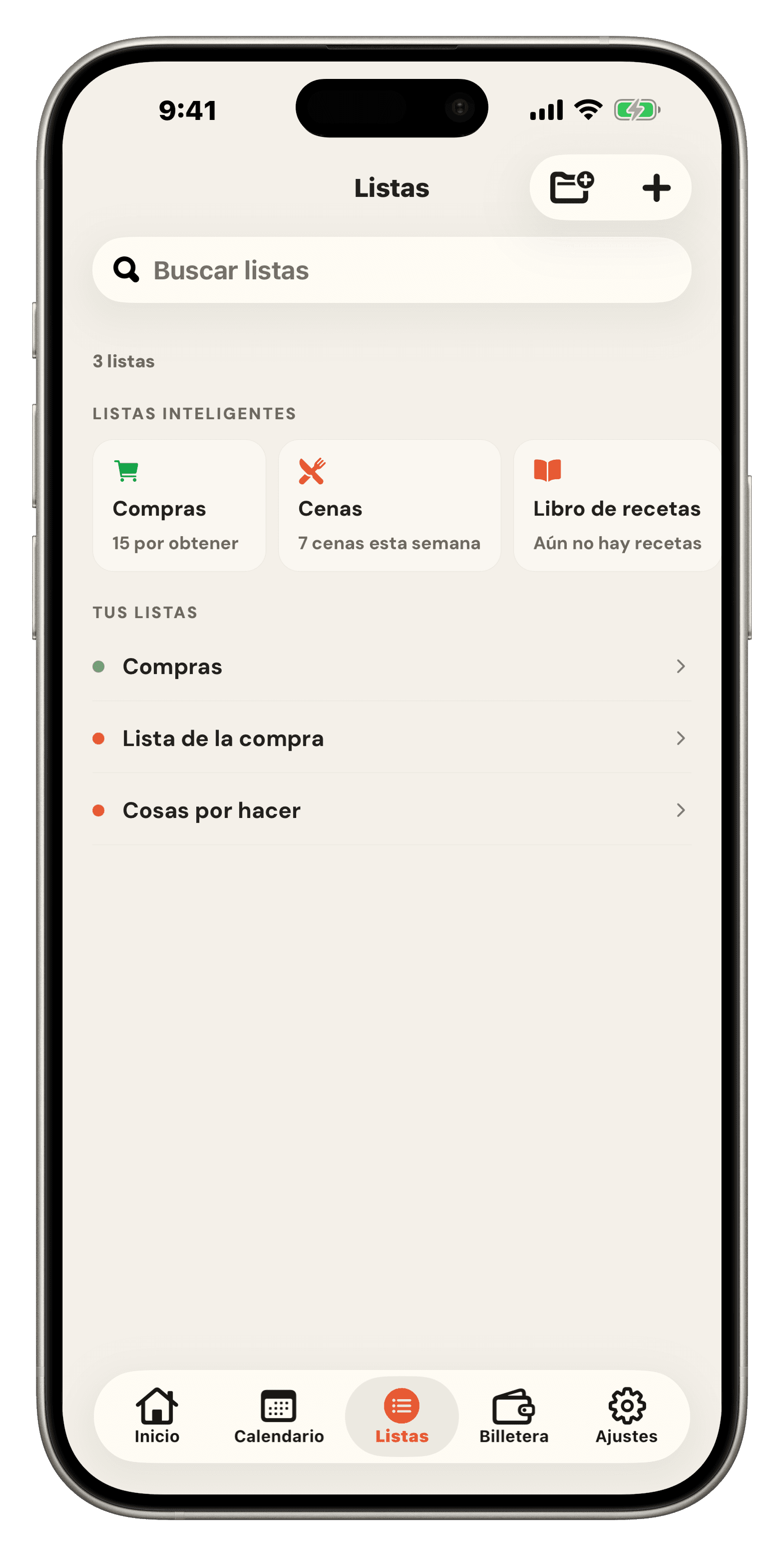 Listas de Famio: listas inteligentes para Compras, Cenas, Libro de recetas y Despensa, sobre las listas y carpetas de la familia