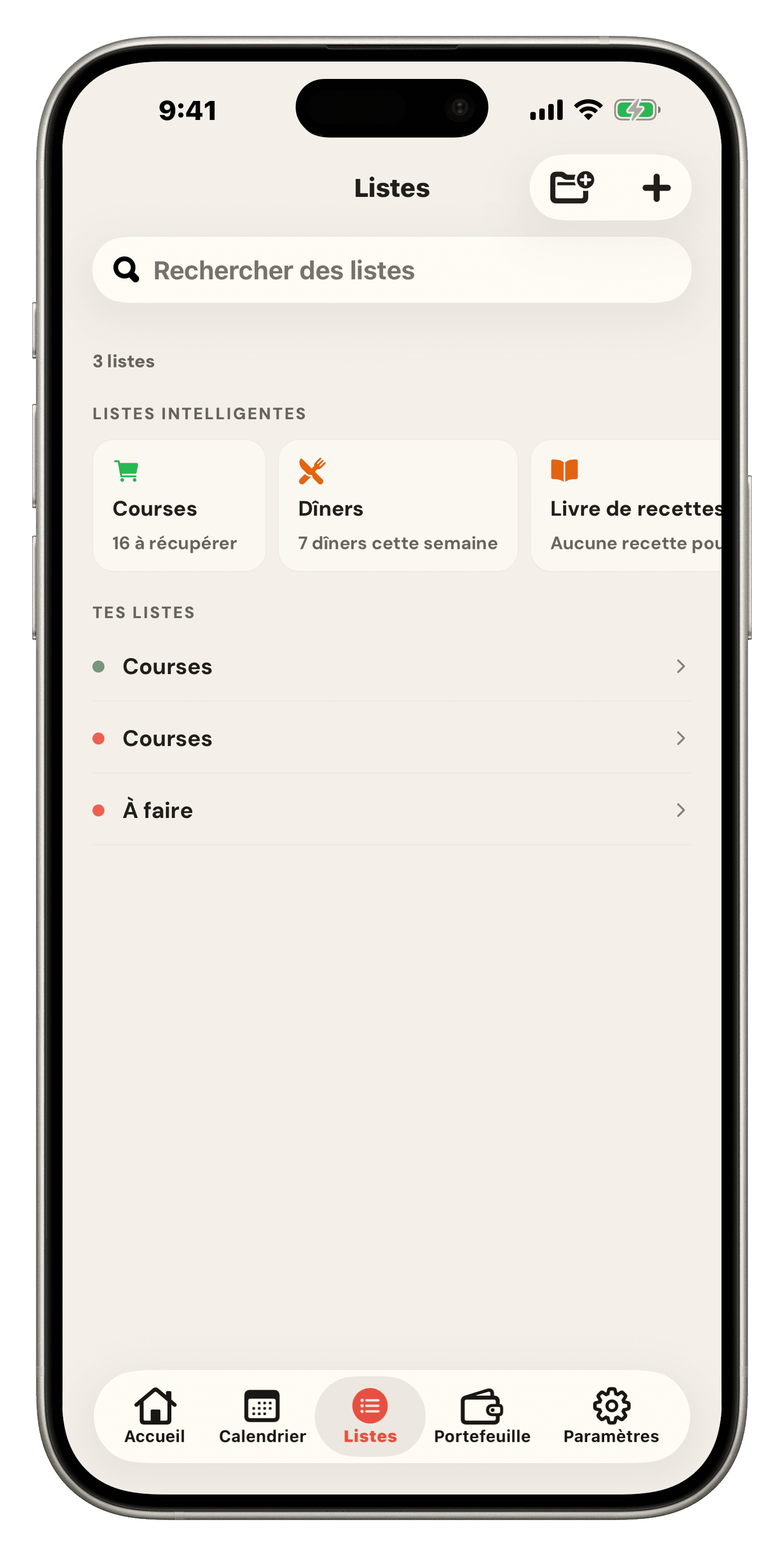 Listes Famio : listes intelligentes pour Courses, Dîners, Livre de recettes et Dépanterie, au-dessus des listes et dossiers de la famille