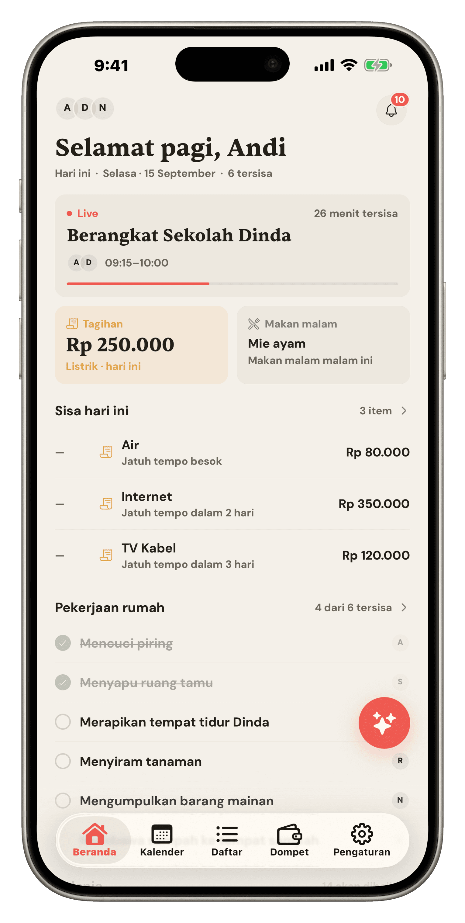 Layar beranda Famio: acara School Run live, tagihan yang jatuh tempo, makan malam malam ini, dan tugas hari ini