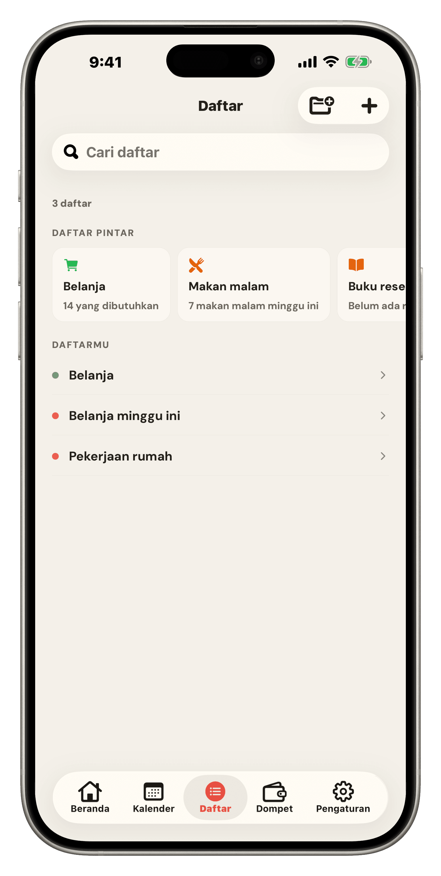 Daftar Famio: daftar pintar untuk Belanja, Makan Malam, Buku Resep, dan Pantry di atas daftar dan folder keluarga