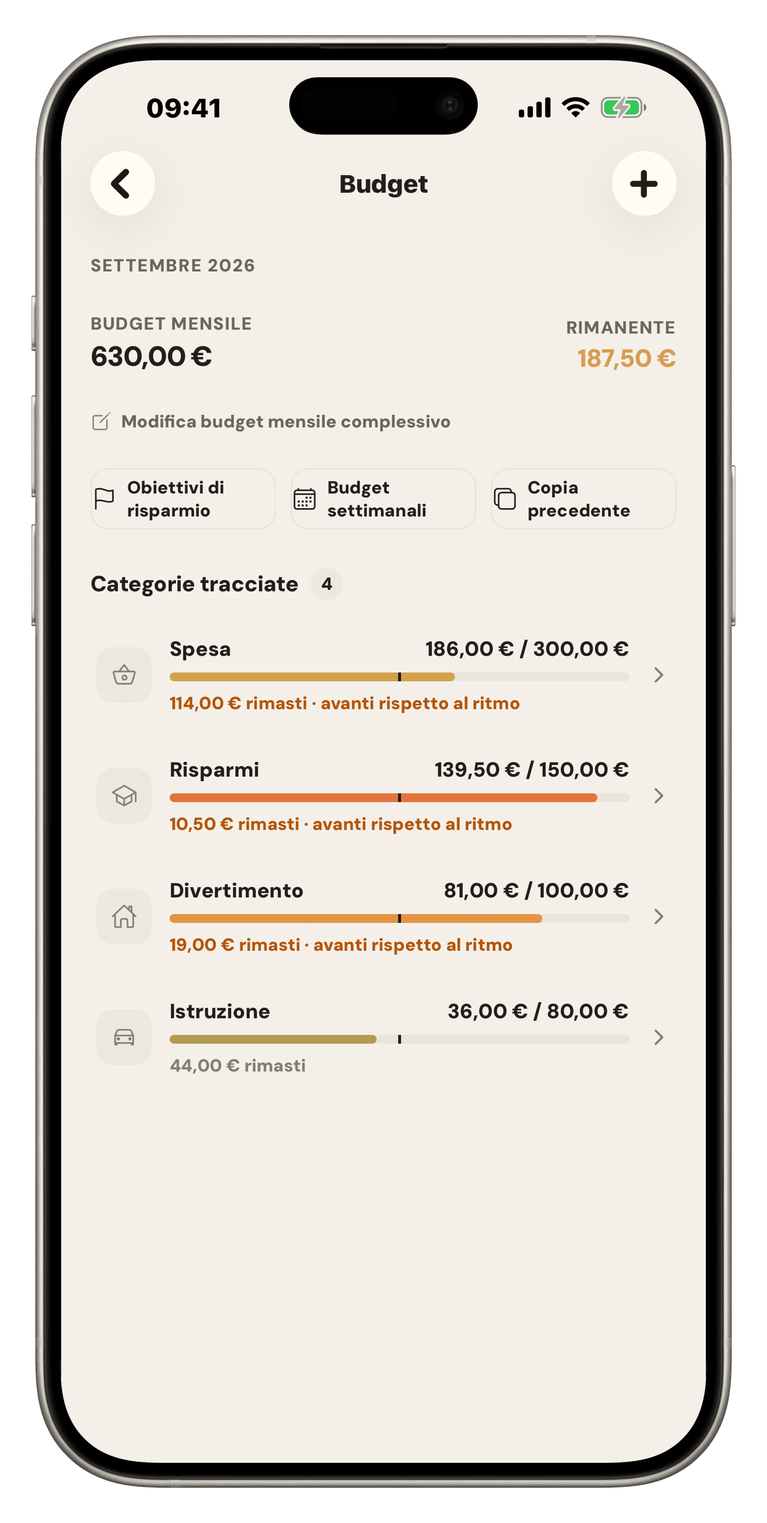 Famio category budgets showing Groceries at £158.95 of £300 and Petrol at £54.91 of £200, each with a pacing bar