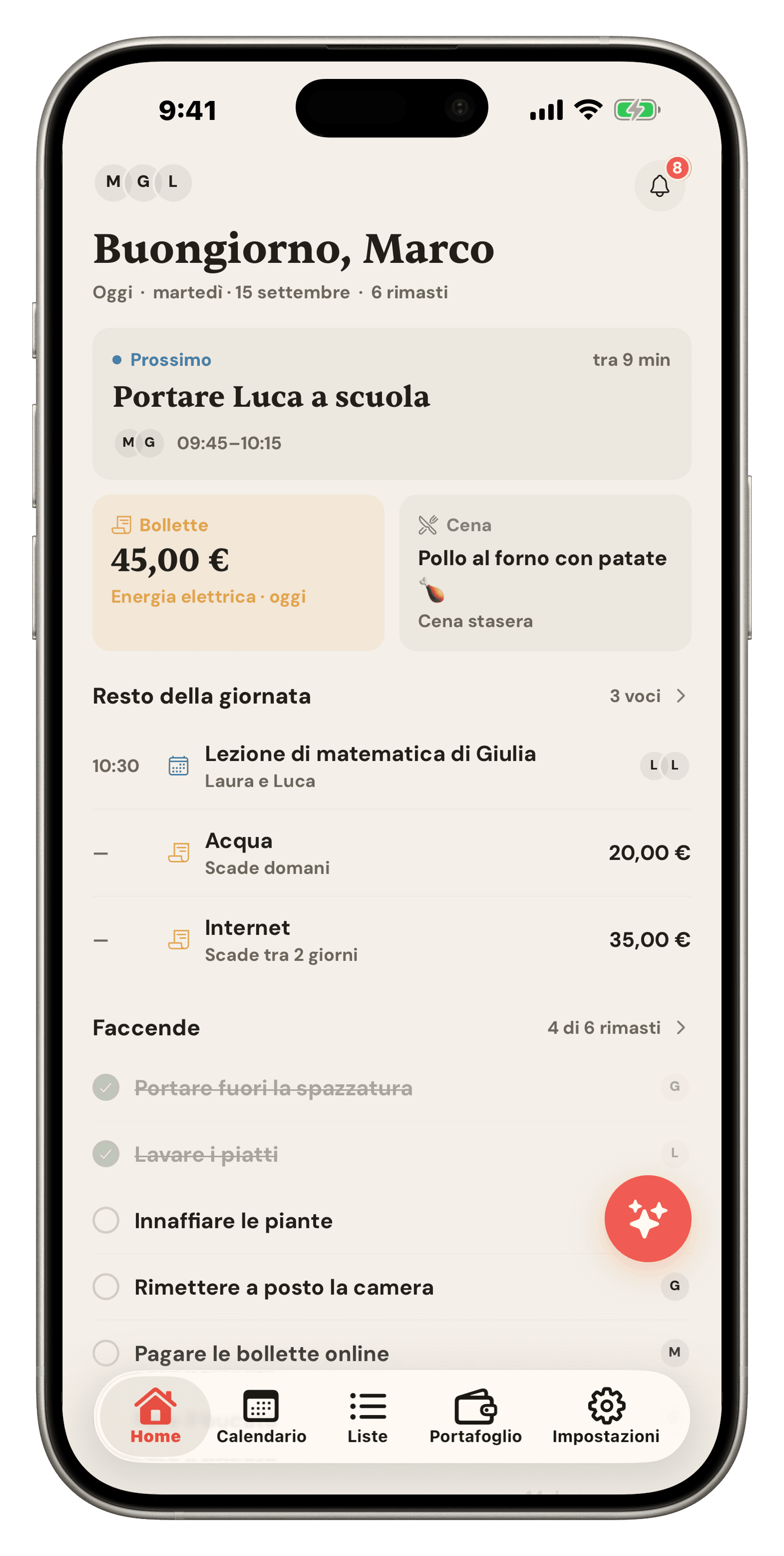 Schermata principale di Famio: un evento in tempo reale della corsa a scuola, bollette in scadenza, cena di stasera e faccende di oggi