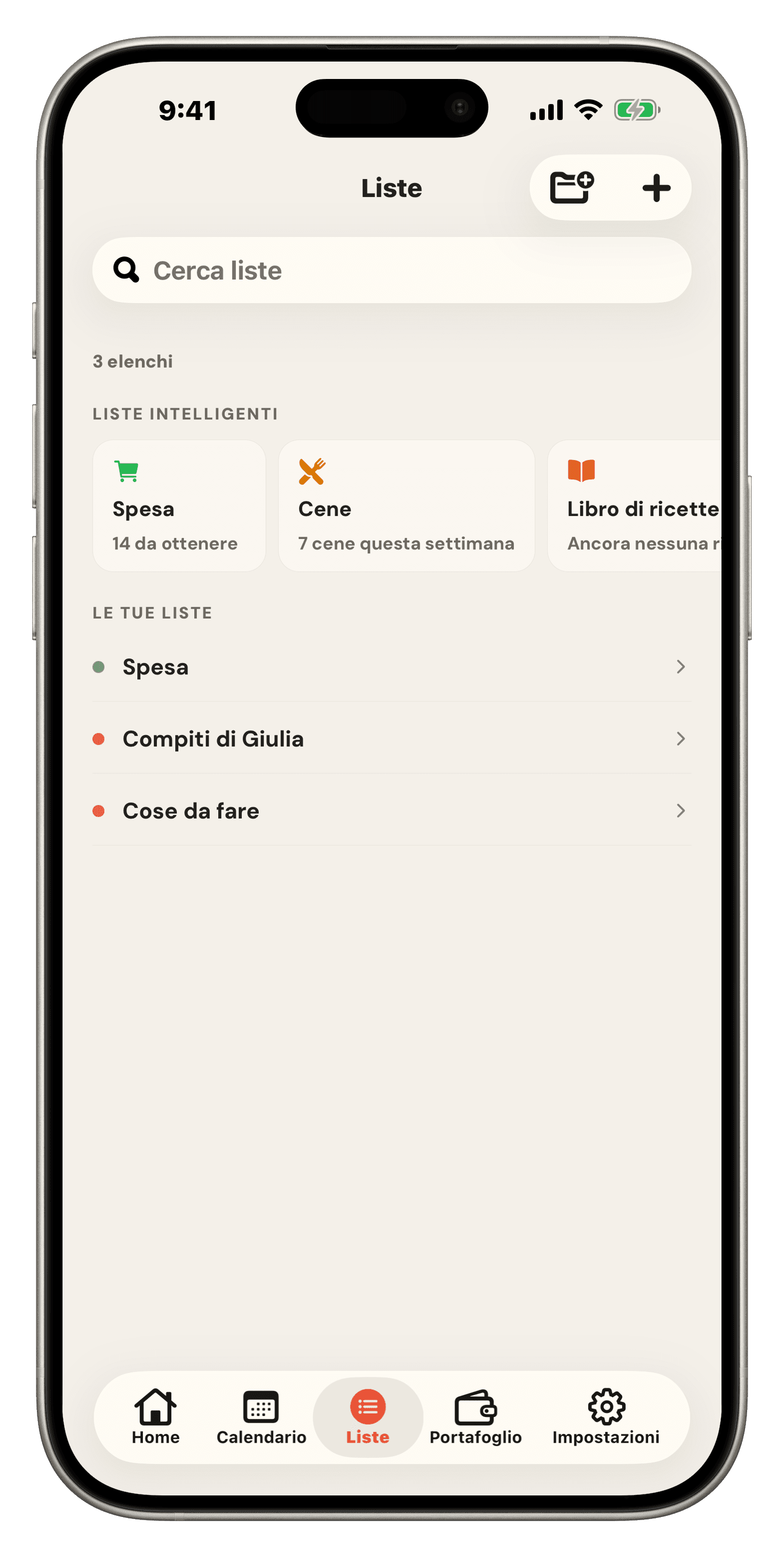Liste di Famio: liste intelligenti per la spesa, le cene, il ricettario e la dispensa, sopra le liste e le cartelle della tua famiglia