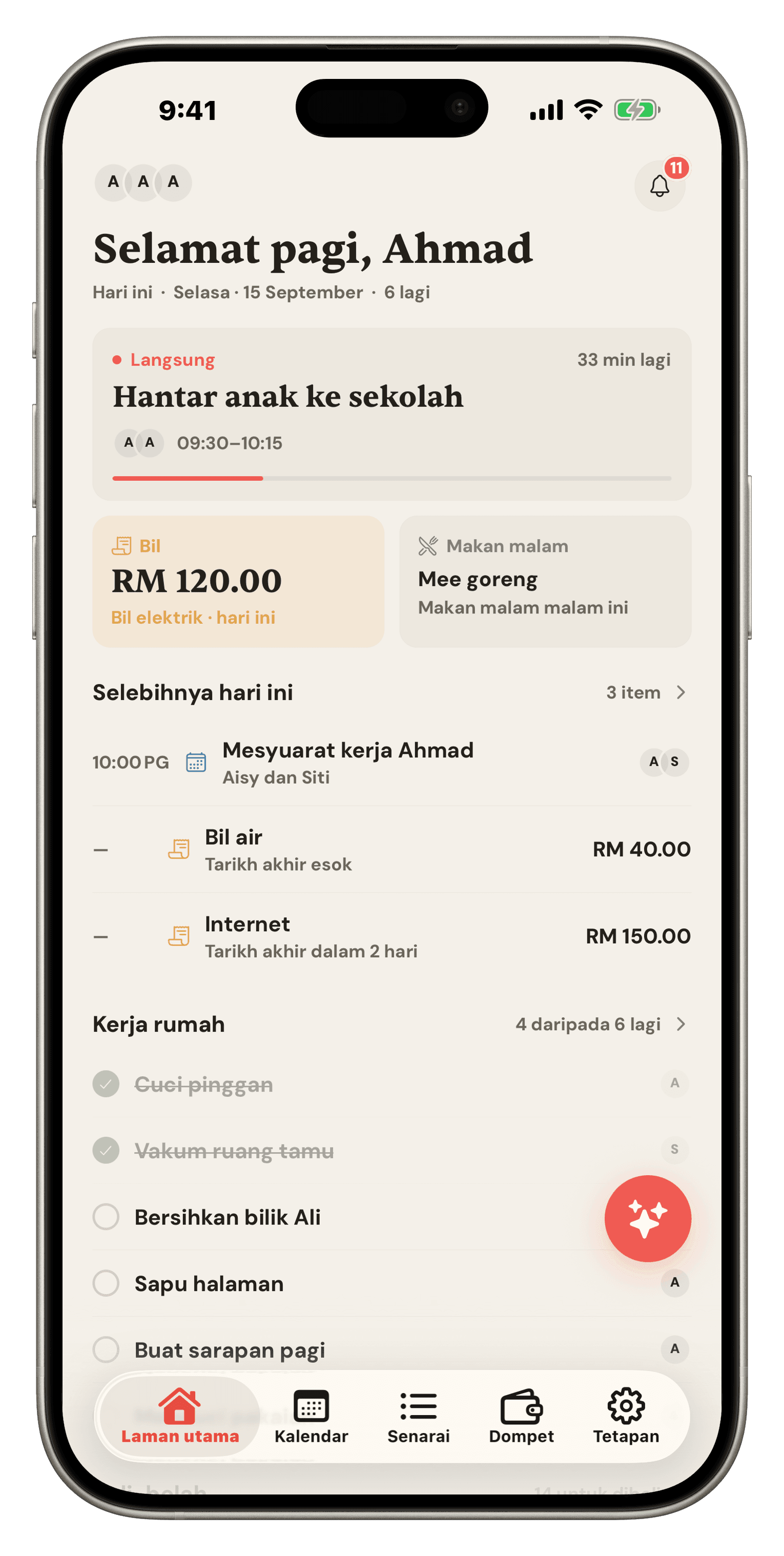 Skrin utama Famio: acara Sekolah Run secara langsung, bil tertunggak, makan malam malam ini, dan kerja rumah hari ini