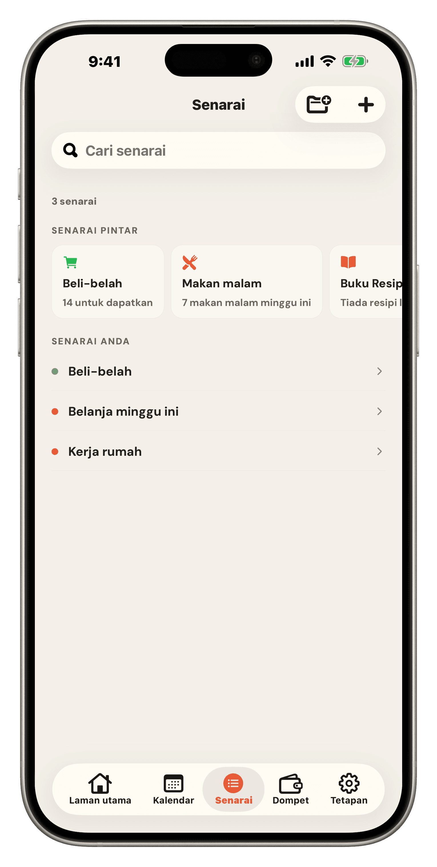 Senarai Famio: senarai pintar untuk Beli-belah, Makan Malam, Buku Resipi dan Pantri di atas senarai dan folder keluarga sendiri
