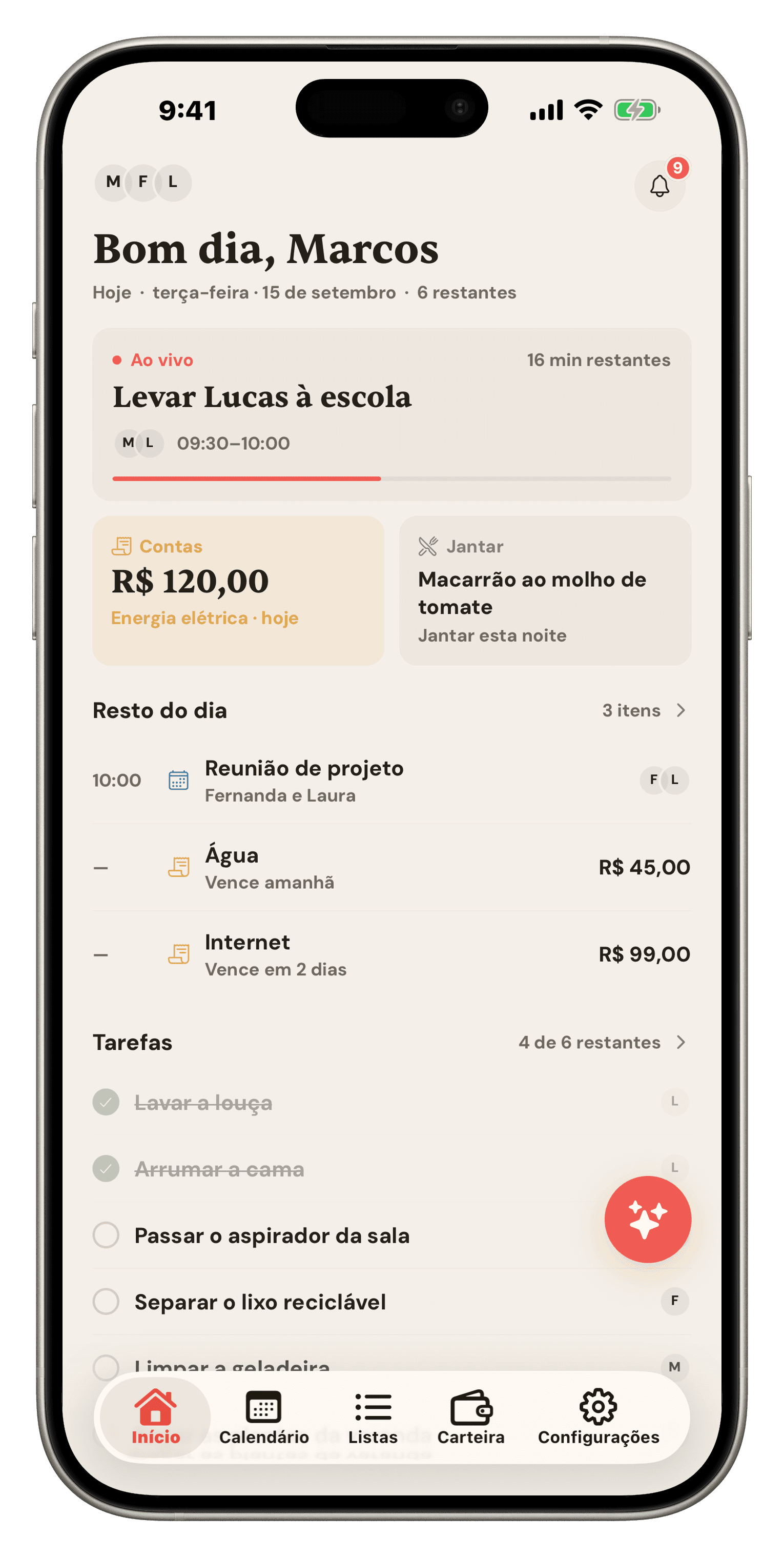 Tela inicial do Famio: evento ao vivo da Corrida Escolar, contas a pagar, jantar de hoje à noite e tarefas de hoje