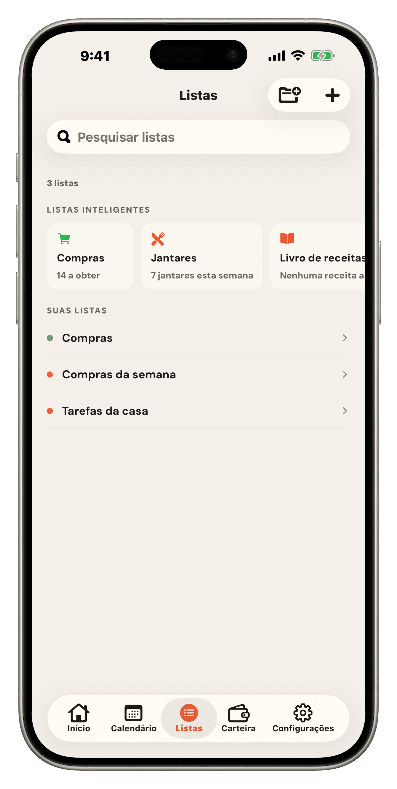 Listas do Famio: listas inteligentes para Compras, Jantares, Livro de Receitas e Despensa acima das listas e pastas da sua família