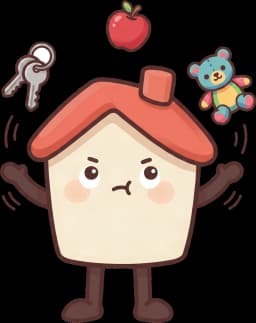 The Famio house juggling keys, an apple and a toy