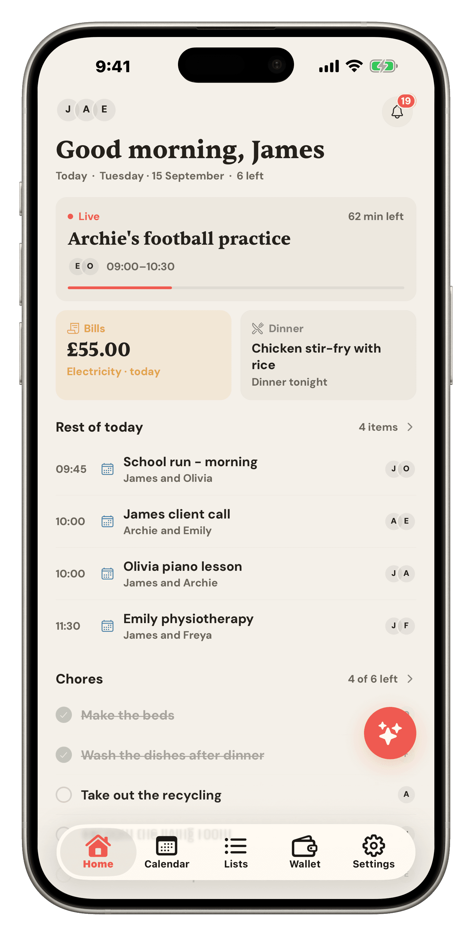 The Famio home screen: a live School Run event, bills due, tonight’s dinner, and today’s chores