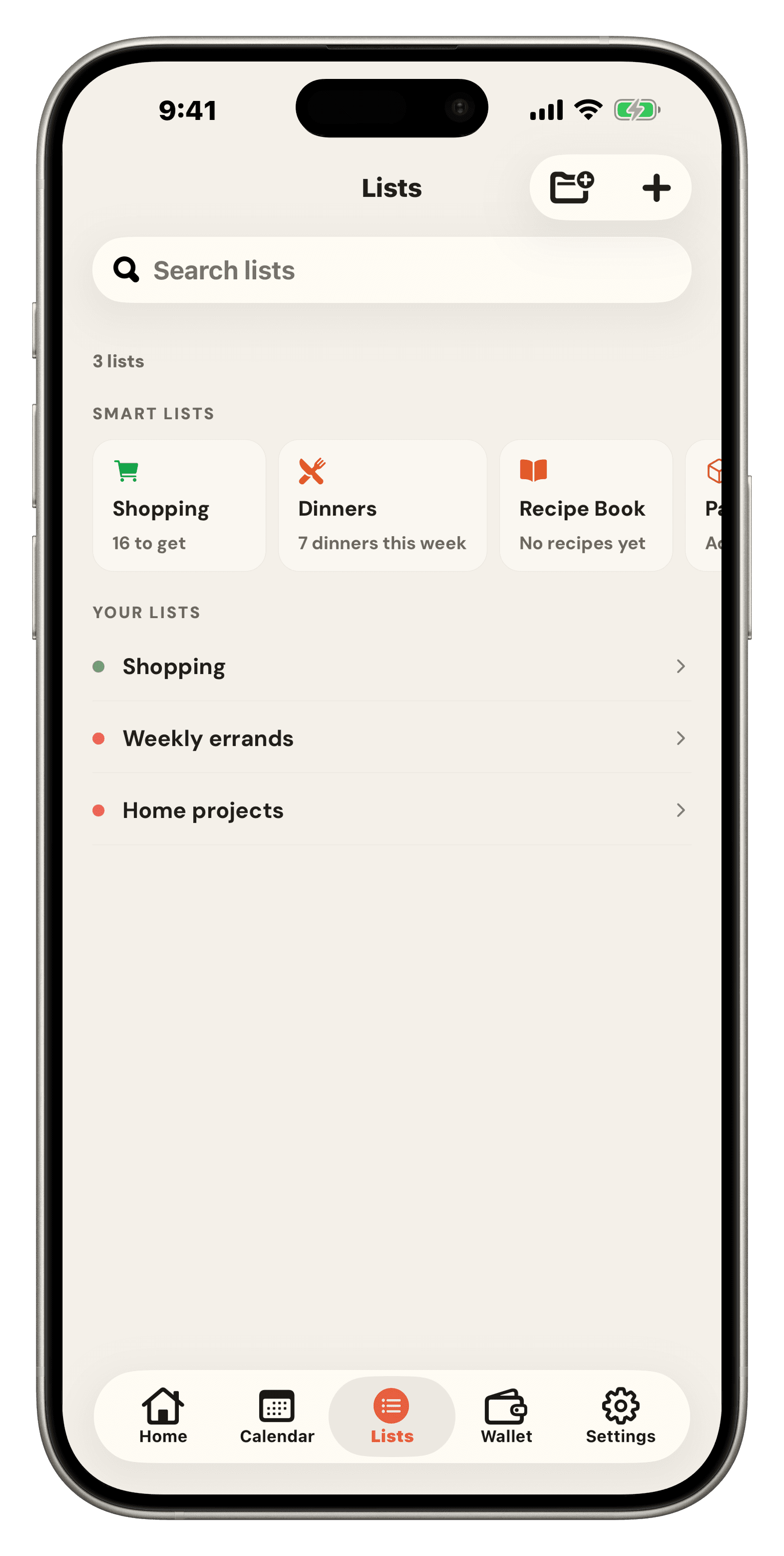 Famio lists: smart lists for Shopping, Dinners, Recipe Book and Pantry above the household’s own lists and folders